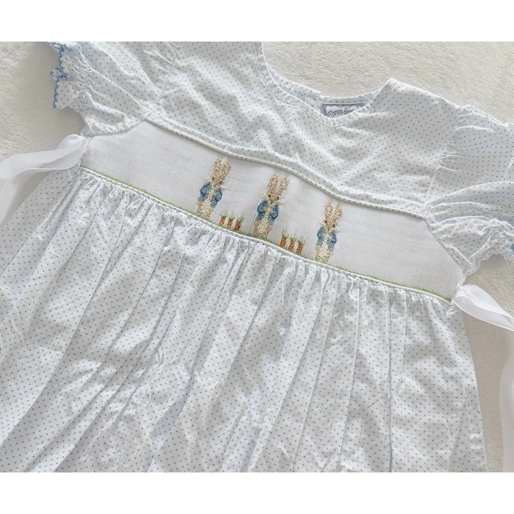 Three Sisters Girls Size 5 Smocked‎ Bunny Dress Blue Polka Dot Easter Ribbon